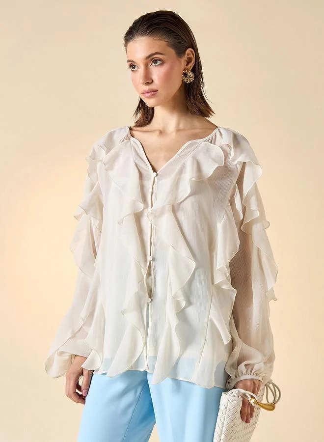 ايكونيك بلوزة أنيقة بكشكش وياقة على شكل حرف  وأكمام طويلة