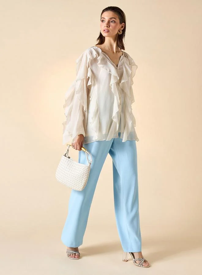 ايكونيك بلوزة أنيقة بكشكش وياقة على شكل حرف  وأكمام طويلة