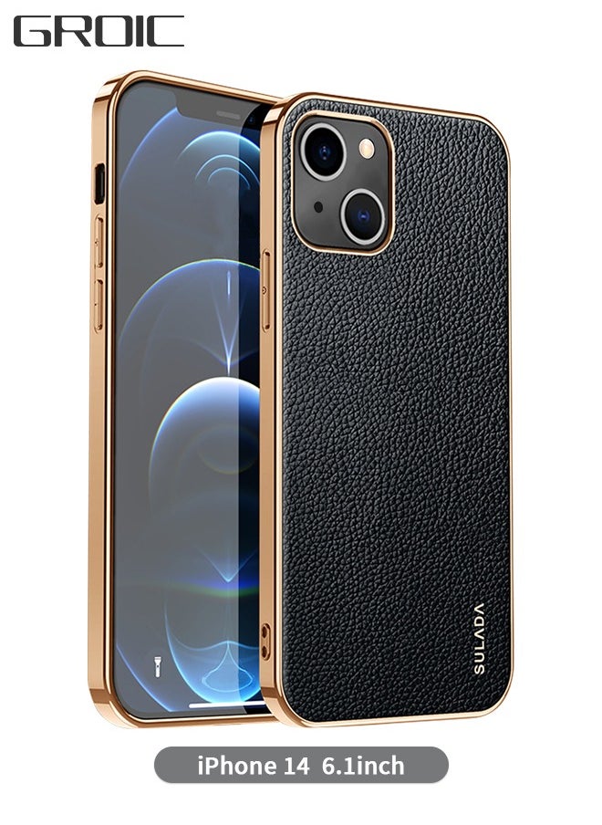 GROIC IPhone 14 Case 6.1 Inch Luxury Leather Cover Wireless Charging Support, Slim Leather Protective IPhone 14 Cover Case - Black  - Image 1