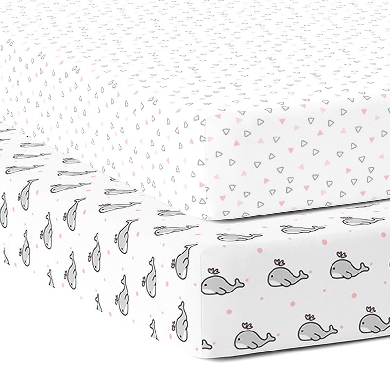 The White Cradle Cotton Baby Crib Fitted Bed Sheets for Cot Organic Twill Fabric Baby Bedding for New Born Infants Toddlers 52x28 Pack of 2 The White Cradle Pink Whale and Triangle - Image 1