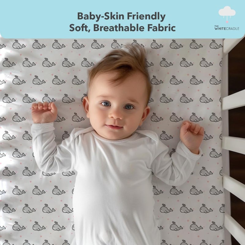 The White Cradle Cotton Baby Crib Fitted Bed Sheets for Cot Organic Twill Fabric Baby Bedding for New Born Infants Toddlers 52x28 Pack of 2 The White Cradle Pink Whale and Triangle - Image 4