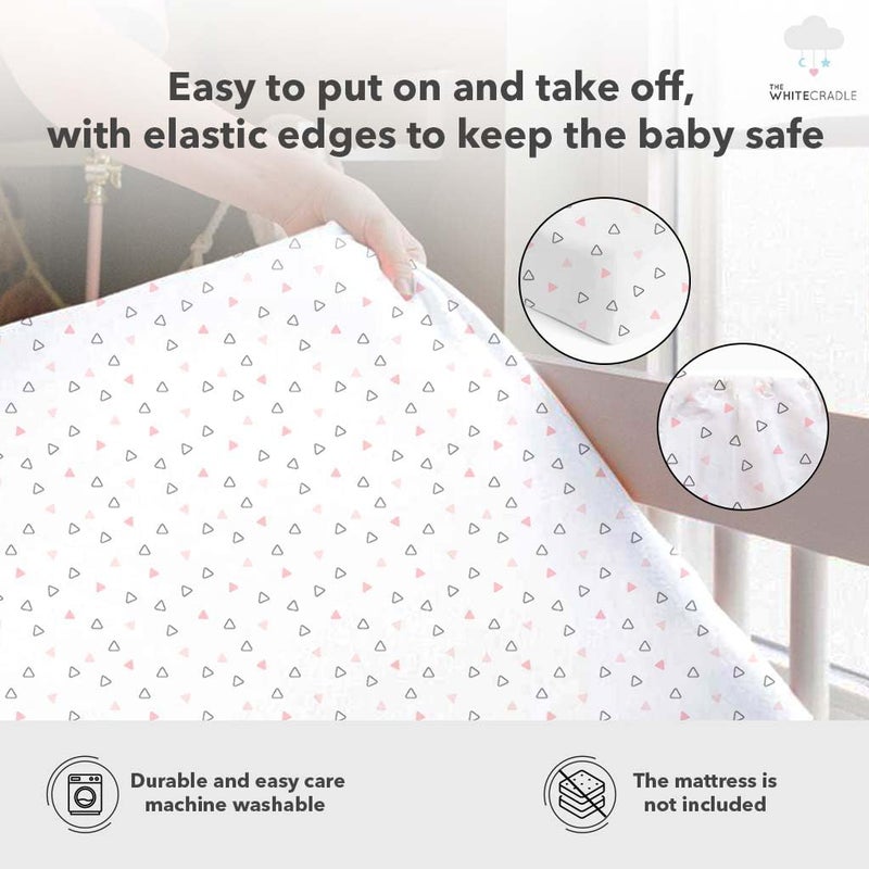 The White Cradle Cotton Baby Crib Fitted Bed Sheets for Cot Organic Twill Fabric Baby Bedding for New Born Infants Toddlers 52x28 Pack of 2 The White Cradle Pink Whale and Triangle - Image 3