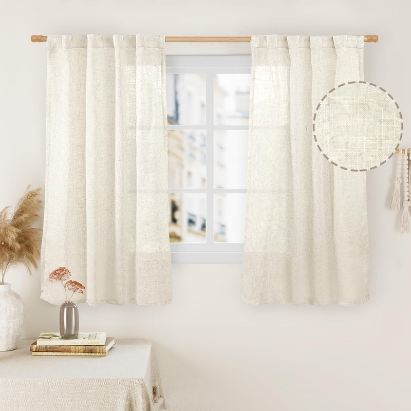 LAMIT Semi Sheer 48 Inch Linen Curtains for Cafe 2 Panels, Cream Ivory Light Filtering Panels Back Tab and Rod Pocket Neutral Drapes for Small Window/Loft Room, 34 x 48 Inch - Image 1