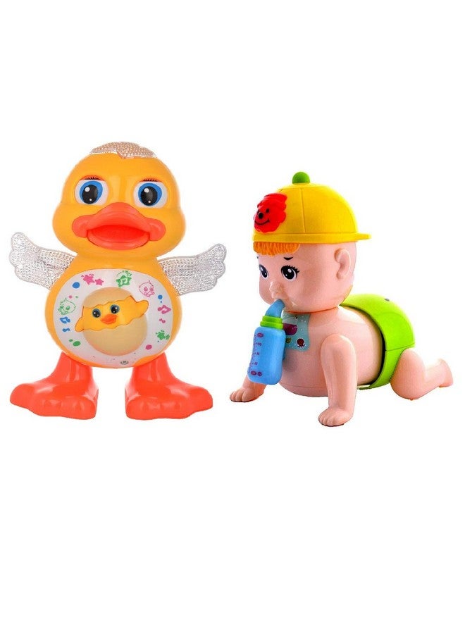 New Pinch Combo of Musical Baby Crawling Toy with Bottle & Dancing Duck Real Dance Action and Music Flashing Lights Best Birthday Return Gift for Kids - Image 1