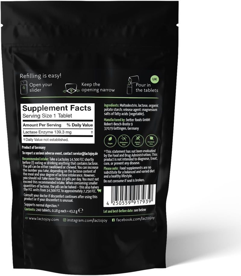 LactoJoy Lactase Tablets Helps with Lactose Intolerance 240 Pcs Refill of ExtraStrength Dose 14500 FCC 100 Vegan Supports The Lactose Digestion Chemical Free - Image 2