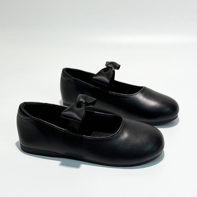 Girls' Black Leather-Look Low-Top Ballet Flats with Soft Sole, Breathable Princess Shoes, British Style Slip-On Casual Shoes - Image 4