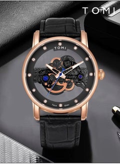 TOMI A Distinctive And Exotic Men's And Women's Leather Watch In Black And Gold  - Image 1