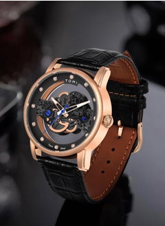 TOMI A Distinctive And Exotic Men's And Women's Leather Watch In Black And Gold  - Image 2