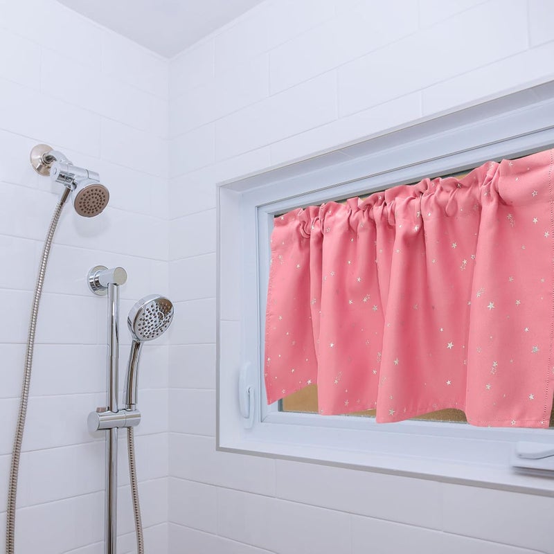Short Blackout Window Valance Curtain for Kitchen and Bathroom, Rod Pocket Pink Star Pattern, 132x46 Cm Privacy Light-Filtering Treatment - Image 4