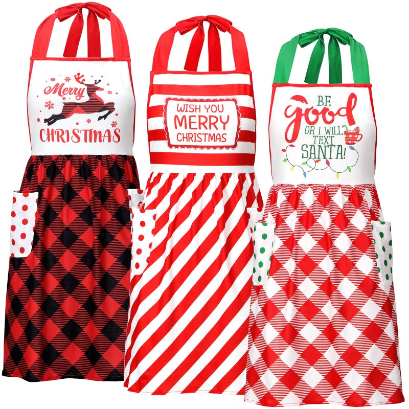 Janmercy 3 Pieces Christmas Aprons with Pockets for Women Adjustable Christmas Kitchen Apron Cotton Buffalo Plaid Apron and Adjustable Neck Waist Ties Merry Christmas for Cooking Baking - Image 2