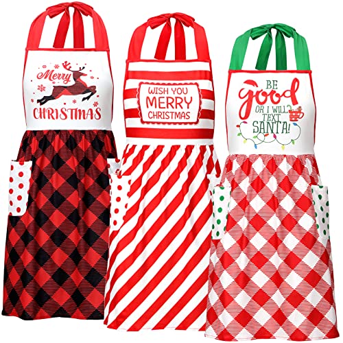 Janmercy 3 Pieces Christmas Aprons with Pockets for Women Adjustable Christmas Kitchen Apron Cotton Buffalo Plaid Apron and Adjustable Neck Waist Ties Merry Christmas for Cooking Baking - Image 1