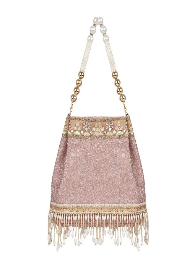 Nevis PU Silk Fabric Women’s Embellished Potli Bag with Pearl Handle & Fringe Detailing | Designe Wedding & Festive Handbag - Image 1