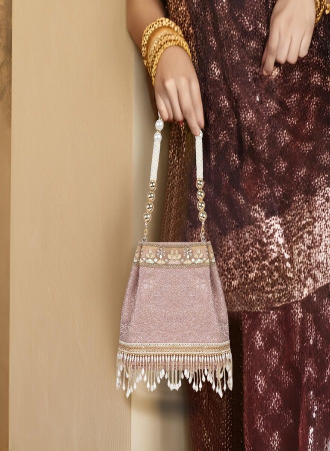 Nevis PU Silk Fabric Women’s Embellished Potli Bag with Pearl Handle & Fringe Detailing | Designe Wedding & Festive Handbag - Image 3