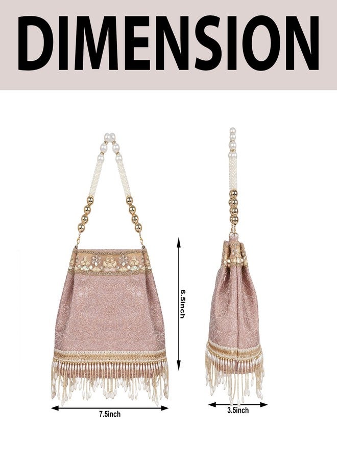 Nevis PU Silk Fabric Women’s Embellished Potli Bag with Pearl Handle & Fringe Detailing | Designe Wedding & Festive Handbag - Image 5