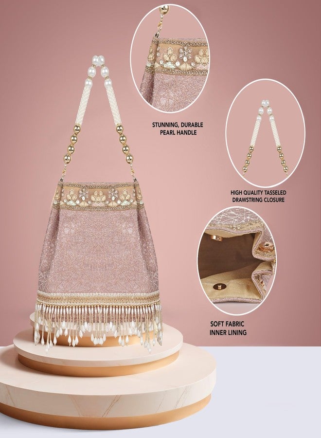 Nevis PU Silk Fabric Women’s Embellished Potli Bag with Pearl Handle & Fringe Detailing | Designe Wedding & Festive Handbag - Image 4