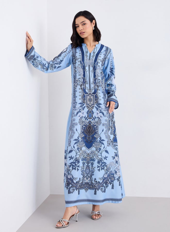 Amirah Women Blue Maxi Jalabiya with Matching Scarf - Image 1