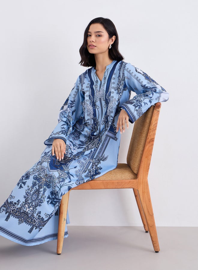 Amirah Women Blue Maxi Jalabiya with Matching Scarf - Image 5