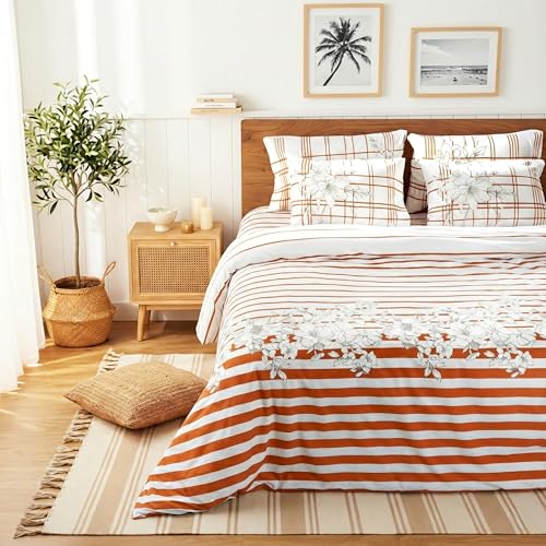 RUSTIQUE LINENS Premium 100% Cotton King Size Bedsheet Set (1 Flat Sheet & 2 Pillow Cases)| 200 TC | Vibrant Prints | Soft, Breathable & Durable Fabric |Sunset Stripes - Image 1