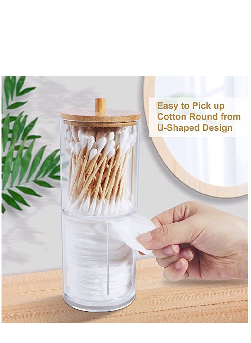 Acrylic Cotton Round Pad Holder and Qtip Dispenser Set with Bamboo Lid Stackable Clear Plastic Bathroom Vanity Organizer for Makeup Swab Ball - Image 2