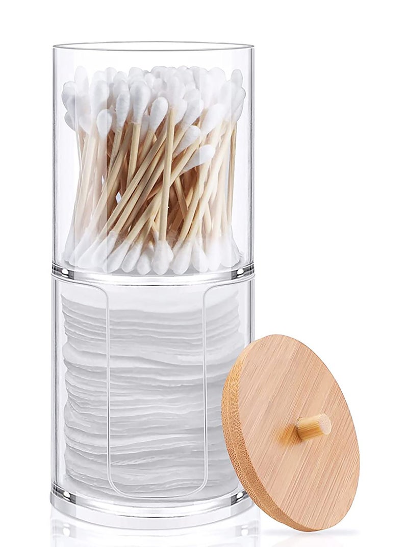 Acrylic Cotton Round Pad Holder and Qtip Dispenser Set with Bamboo Lid Stackable Clear Plastic Bathroom Vanity Organizer for Makeup Swab Ball - Image 1