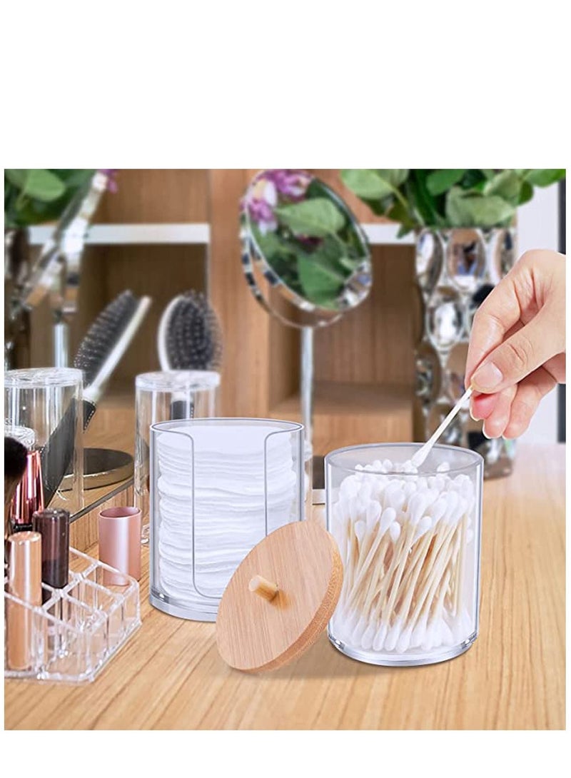 Acrylic Cotton Round Pad Holder and Qtip Dispenser Set with Bamboo Lid Stackable Clear Plastic Bathroom Vanity Organizer for Makeup Swab Ball - Image 3