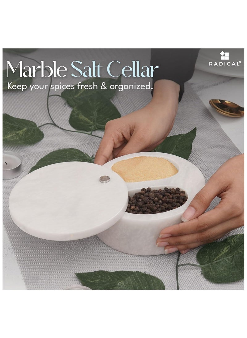 RADICALn Radicaln Marble Salt Cellar With Lid White 5" Inch Handmade Salt And Pepper Bowl - Spice Container For Kitchen Table - Sugar Bowl Seasoning Jars With Lid Dual Compartments - Salt Holder  - Image 2