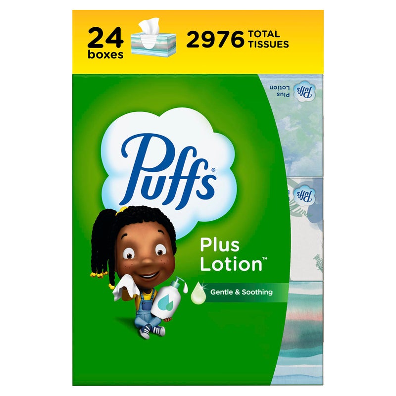 Puffs مناديل الوجه بوفز بلس مع لوشن، 24 علبة عائلية، 124 منديل في العلبة - Image 2