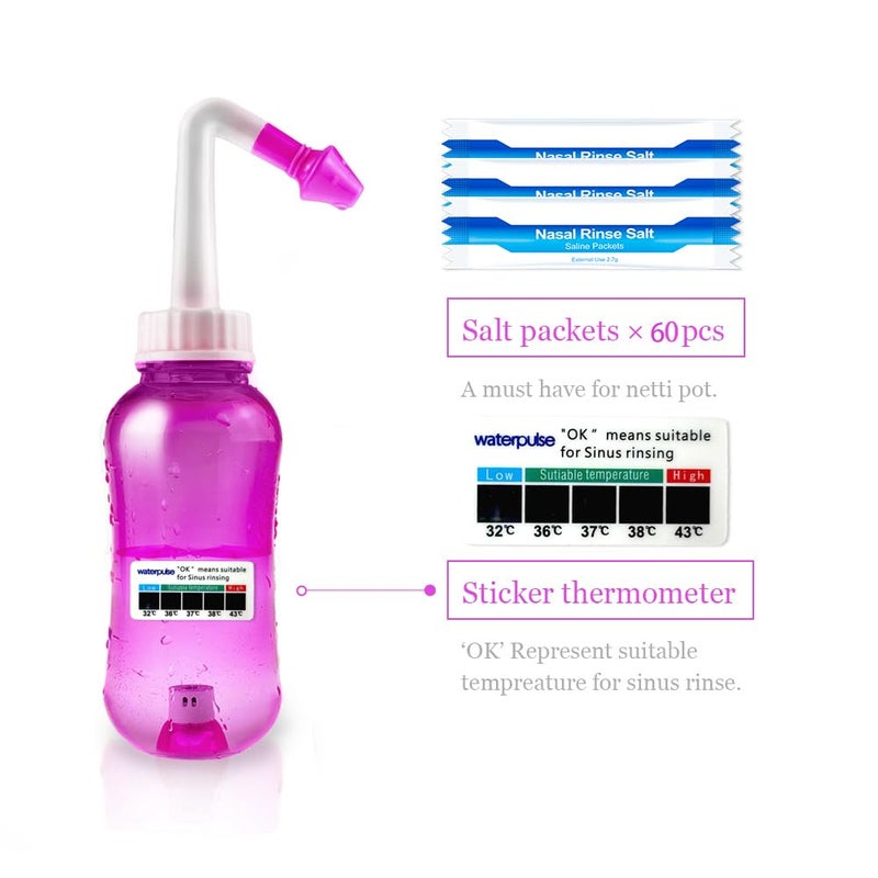waterpulse وعاء نتّي من ووتر بالس لشطف الجيوب الأنفية، زجاجة غسل الأنف، زجاجة شطف الجيوب الأنفية، جهاز ري الضغط مع ملصق ترمومتر للبالغين والأطفال خالي من BPA (وردي) - Image 3