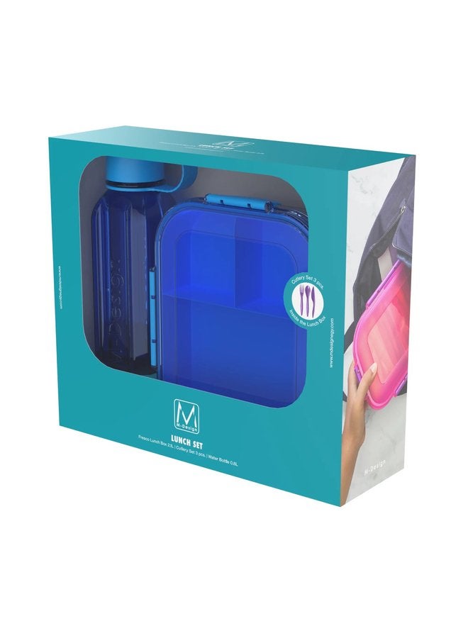 أم-ديزاين طقم لانش بوكس 2.1 + زجاجة 800 مل + طقم طعام 3 ق -أزرق - Image 2