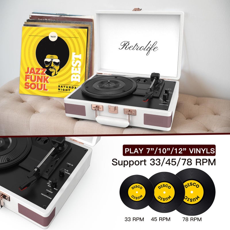 Retrolife مشغل أسطوانات 3 سرعات بلوتوث محمول حقيبة مشغل الفينيل مع مكبرات صوت مدمجة جهاز تشغيل صوت محسن جلد PU مشغل أسطوانات عتيق - Image 3