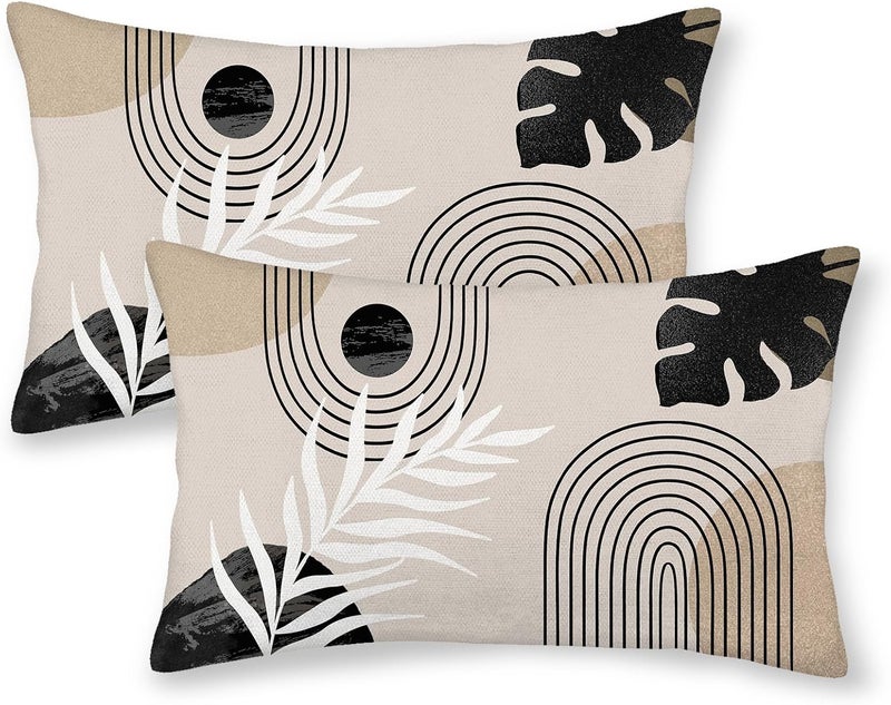 JEFERSO Boho Black Pillow Covers 12x20 Set of 2 Mid Century Beige Tropical Leaf Throw Pillow Covers Outdoor Decor Modern Abstract Decorative Pillow Cases Farmhouse Linen Cushion Case for Couch Sofa - Image 1