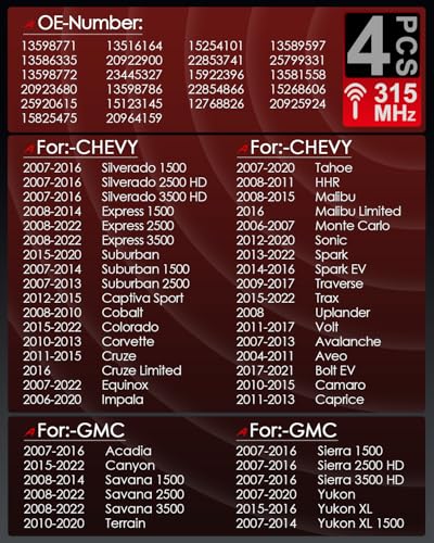 AOTPAT PreProgrammed GM TPMS Sensor 315Mhz forChevy Tahoe 20072020 Impala 20062020 Express 20082022 Silverado 20072016 Suburban Equinox Avalanche forGMC Yukon 20072020 13598771 4Pcs - Image 3