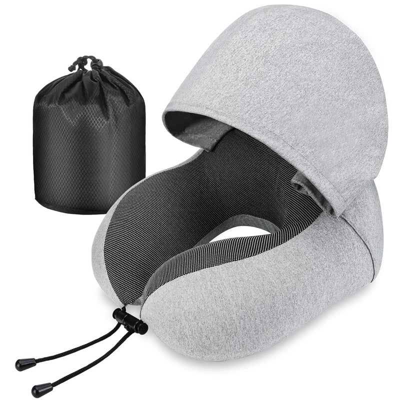 Jukkre Jukkre Travel Pillow, Neck Pillow for Travel with Hood for Airplane, Memory Foam Neck Pillow Adult Head & Neck Support, for Long Flights Plane, Office, Cars Sleeping Grey - Image 1