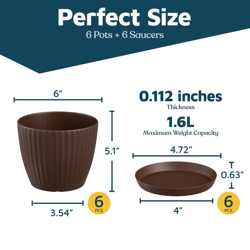 LifeMaster Brown 6-Inch Plant Pots with Drainage & Saucers 6 Pack, Indoor & Outdoor Planters for Houseplants, Herbs, and Flowers, Durable & Weatherproof Material, Stackable, Lightweight, Minimalist Design - Image 2