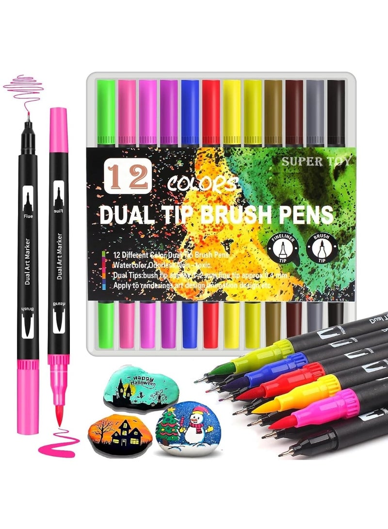 SUPER TOY 12 Dual Tip Brush Pens Felt Tip Art Markers Pen Set 12 Colors for Kids and Adults Colouring Book Supplies Fineliner Tip Brush Marker for Drawing Sketching - Image 1