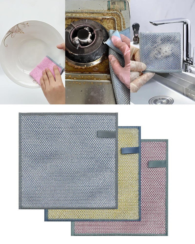 ATJUMP 2024 DoubleSided New Multifunctional Nonscratch Wire Dishcloth Multipurpose Wire Dishwashing Rags for Wet and Dry Special Kitchen Scouring Pad Home Kitchen Cooktop Cloths for Cleaning 3Pcs 