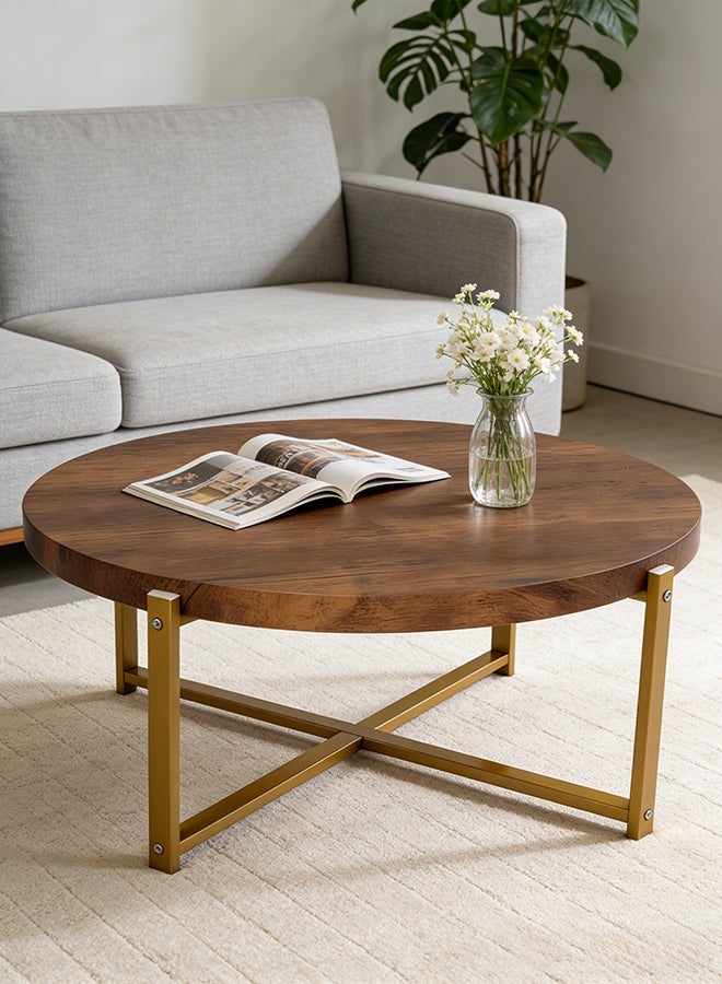 Migue home طاولة قهوة دائرية عصرية لغرفة المعيشة، سهلة التجميع، 33.5 سم ارتفاع × 82 سم عرض، لون الجوز والذهب - Image 1