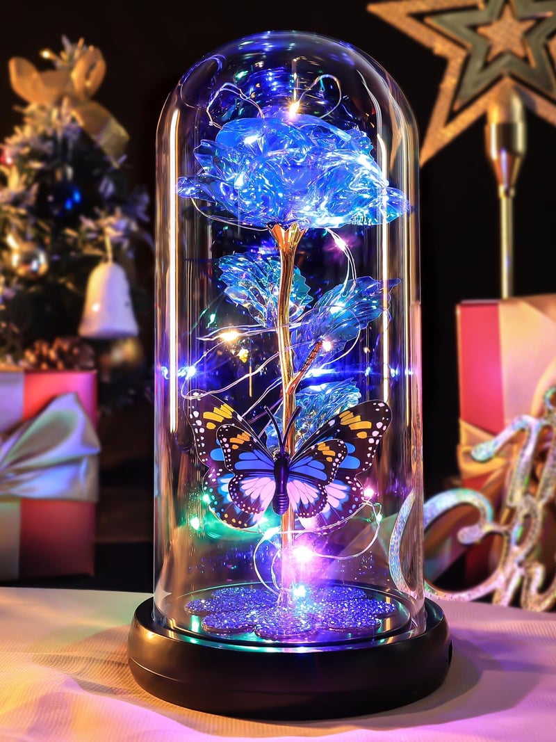 Pusuny Valentines Day Rose Gifts for Her Birthday Gift for Women, Rechargeable Galaxy Glass Rose in Glass Dome Crystal Eternal Roses Butterfly Valentine Gifts for Women Daughter Mom Wife Girlfriend Blue - Image 1