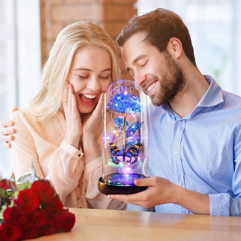 Pusuny Valentines Day Rose Gifts for Her Birthday Gift for Women, Rechargeable Galaxy Glass Rose in Glass Dome Crystal Eternal Roses Butterfly Valentine Gifts for Women Daughter Mom Wife Girlfriend Blue - Image 3