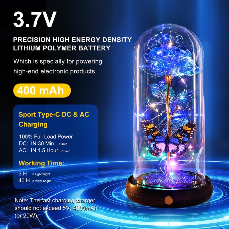 Pusuny Valentines Day Rose Gifts for Her Birthday Gift for Women, Rechargeable Galaxy Glass Rose in Glass Dome Crystal Eternal Roses Butterfly Valentine Gifts for Women Daughter Mom Wife Girlfriend Blue - Image 2