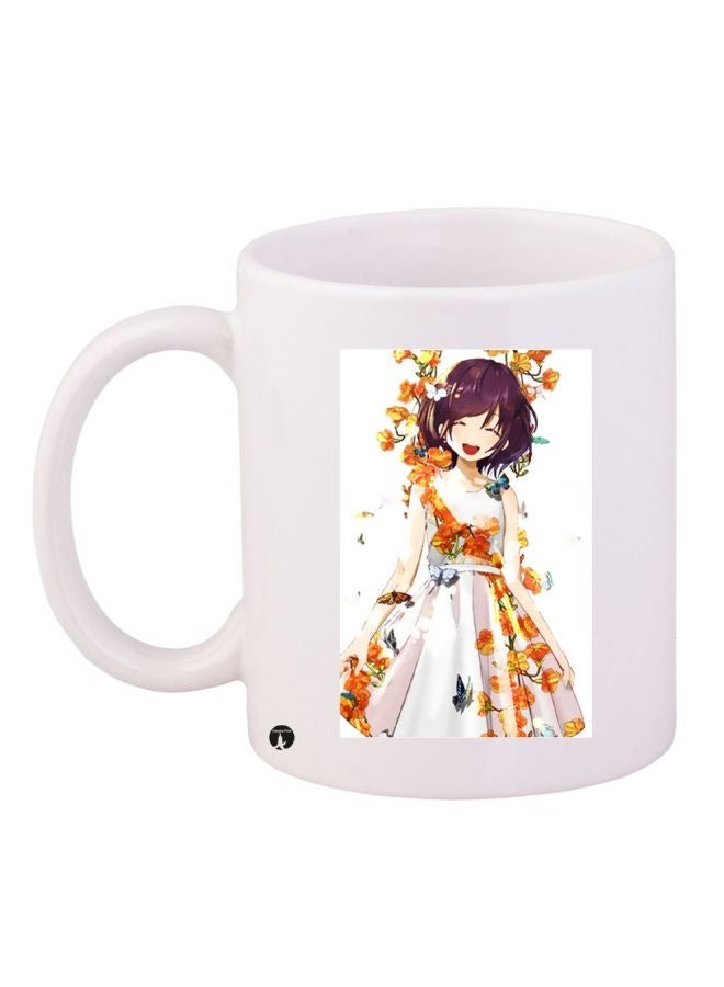 RYN Cartoon Girl Printed Coffee Mug White/Orange/Grey 11ounce