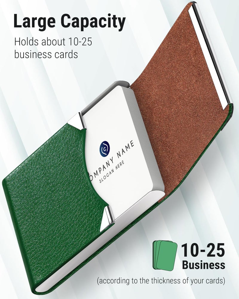 MaxGear Business Card Holder, Slim PU Leather & Stainless Steel Business Card Case for Men & Women, RFID Blocking Name Card Holder with Magnetic Closure, Dark Green - Image 2