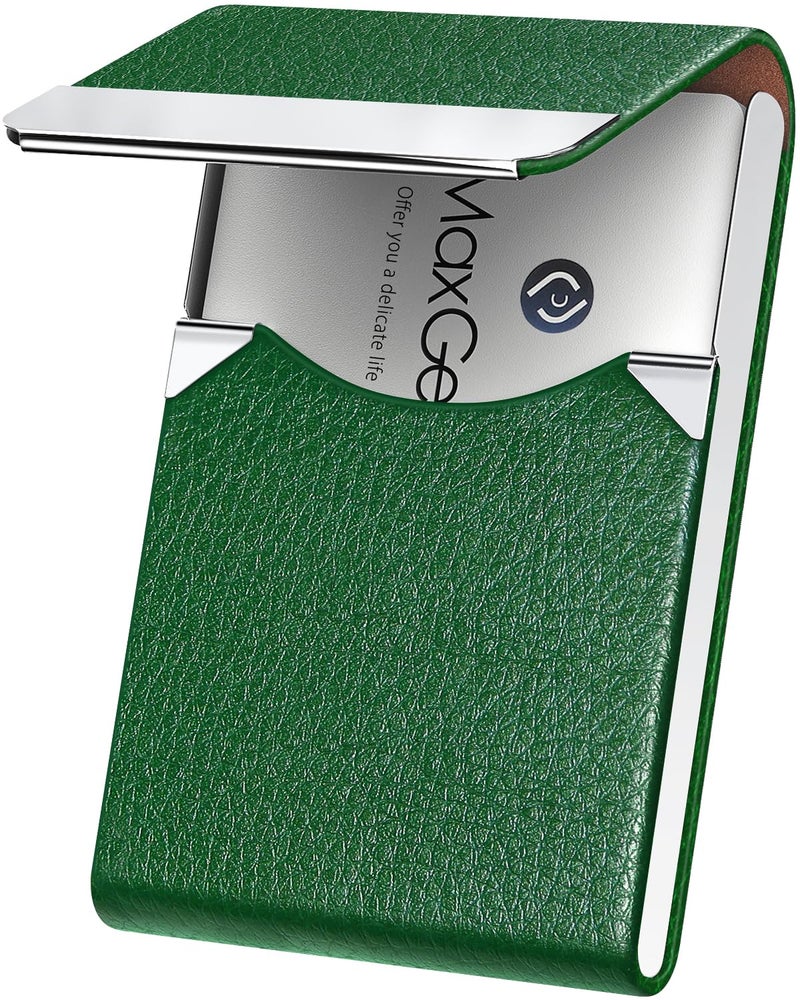 MaxGear Business Card Holder, Slim PU Leather & Stainless Steel Business Card Case for Men & Women, RFID Blocking Name Card Holder with Magnetic Closure, Dark Green - Image 1