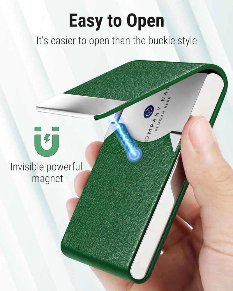 MaxGear Business Card Holder, Slim PU Leather & Stainless Steel Business Card Case for Men & Women, RFID Blocking Name Card Holder with Magnetic Closure, Dark Green - Image 3