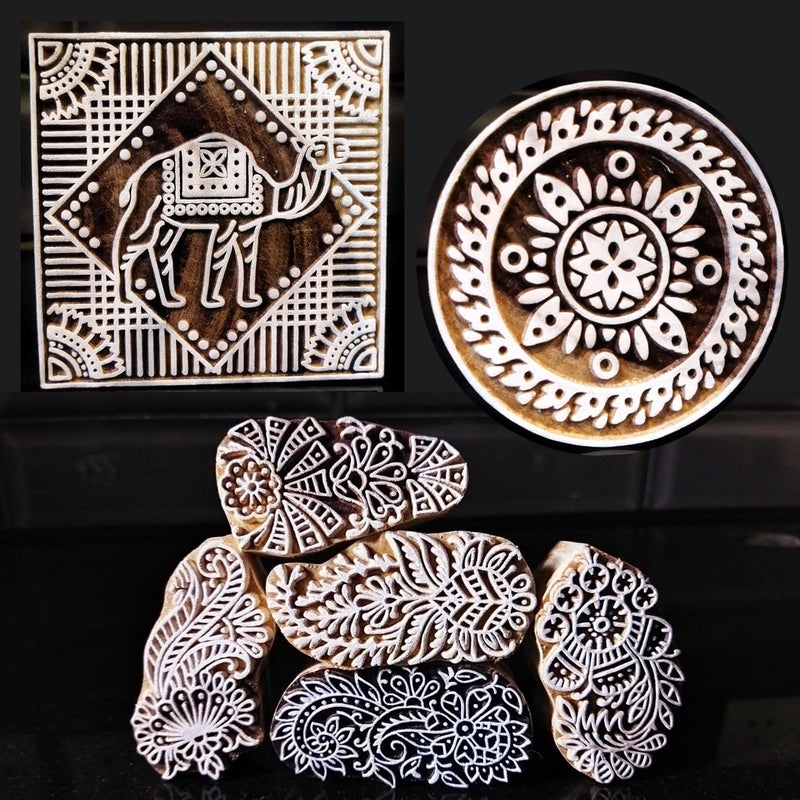 ecofynd Wooden Block Stamps (Pack of 7), Wooden Blocks for Block Printing Stamp Set, Artistic Shapes Craft Kids Saree Border DIY Henna Fabric Textile Paper Clay Pottery Hand-Carved (BLOCK054) - Image 1