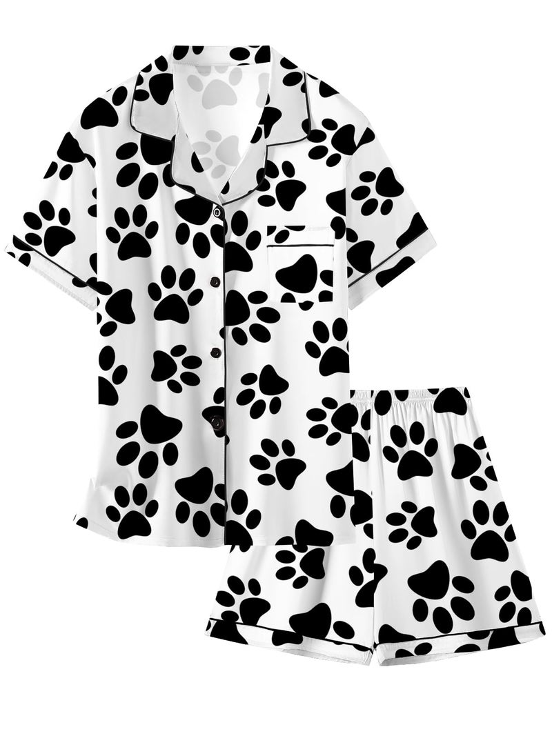 Schbbbta Satin Pajamas for Girls 2 Piece Soft Sleepwear Button Down Tops Short Sleeve Silk Pajama Set Outfit for Kids Dog Black White 910 Years Tag 150