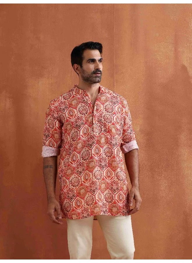 trueBrowns Men's Beige Printed Short Kurta