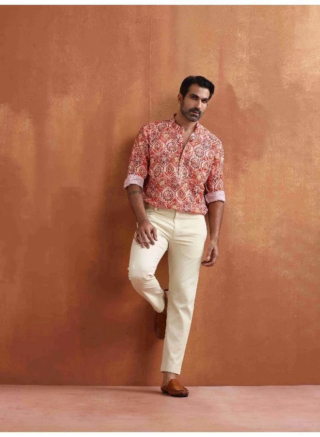 ترو برونز Men's Beige Printed Short Kurta