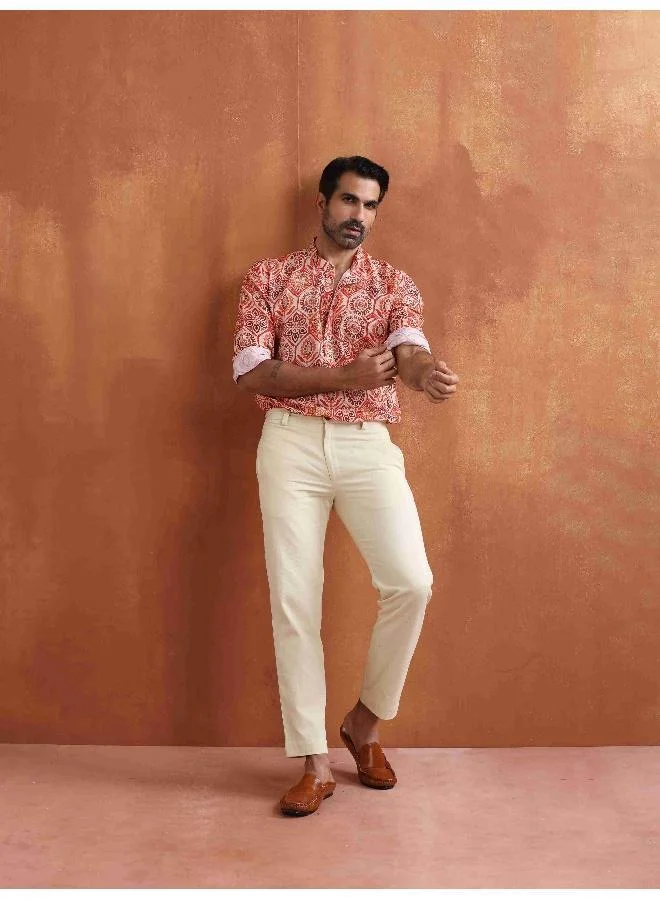 ترو برونز Men's Beige Printed Short Kurta