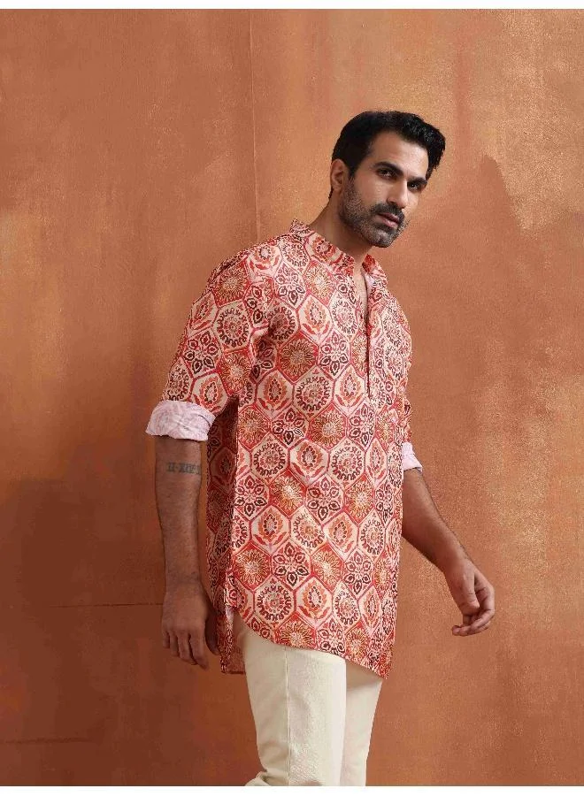 ترو برونز Men's Beige Printed Short Kurta